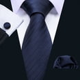 thumbnail image 2 of Corbata Barry.Wang Azul Marino de Seda para Hombre con Pañuelo y Gemelos, 2 of 7