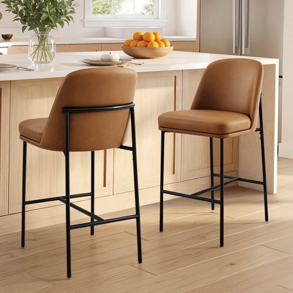 ReNest 27" Counter Height Bar Stools Set of 2 for Kitchen Island, Faux Leather Upholstery, Saddle Brown