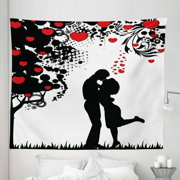 Kiss Tapestry, Silhouette of Lovers near Tree Hearts Valentine's Day Concept, Fabric Wall Hanging Decor for Bedroom Living Room Dorm, 5 Sizes, Charcoal Grey Vermilion, by Ambesonne