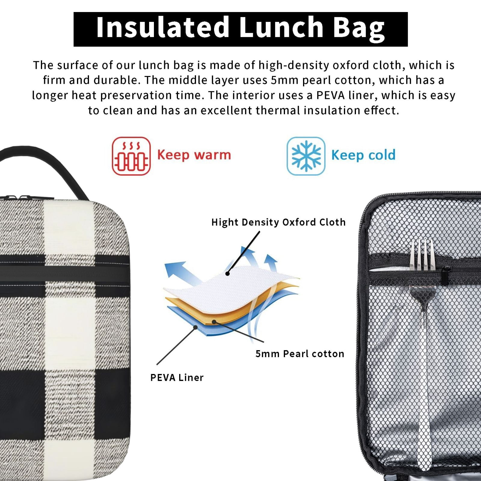 Lunch Bag For Women Men Insulated Portable Lunch Box Bento Box Office Picnic Travel Cooler Bag White Buffalo Plaid Check Tartan Scotland_1