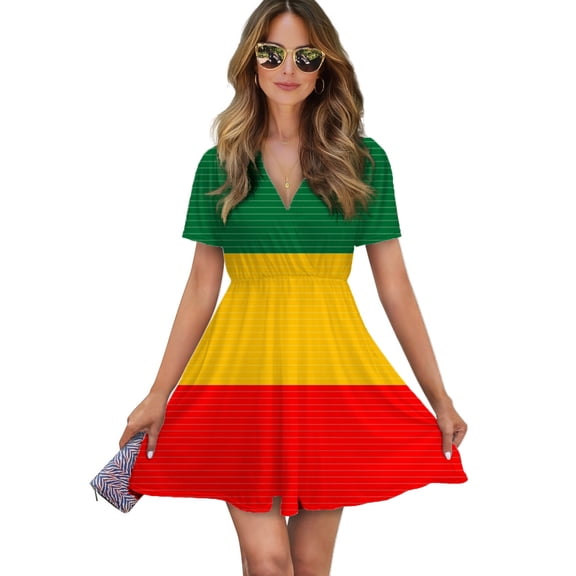 Ethiopian Flag Women Dress V-Neck Short Sleeve Flowy Swing Party Midi Dress