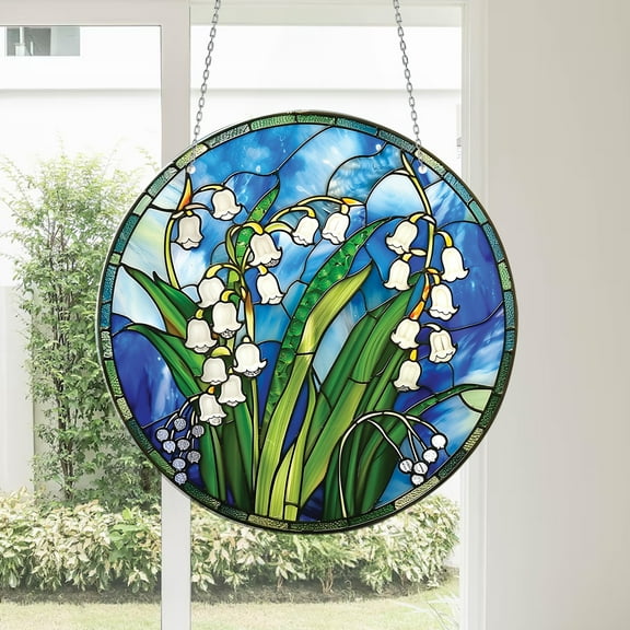 Acrylic Window Hanging, Delicate Lily of the Valley with Blue Background in 2D Stained Glass Style, Perfect for Floral Home Decor