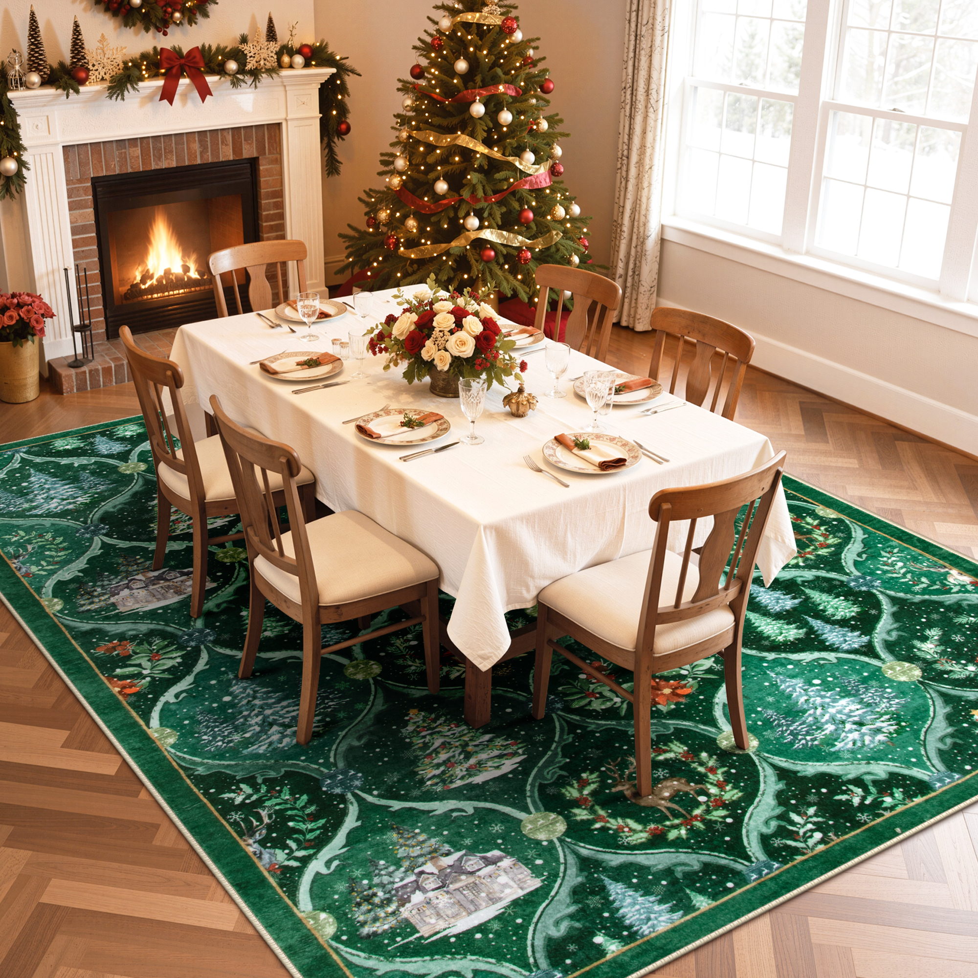 Moynesa 8'x10' Christmas Area Rug for Living Room, Large Rug Xmas Tree Modern Rug Kitchen Rug Washable Rug Non Slip Moroccan Carpet Holiday Decor Soft Accent Rug for Bedroom Dining Room, Green