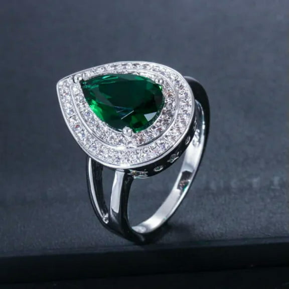 Silver Plated Cubic Zircon Big Teardrop Green Crystal Engagement Ring for Women