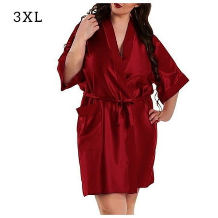 

Women Bathrobe Silky Robe Nightdress Nightgown Sleepwear Wine Red 3L