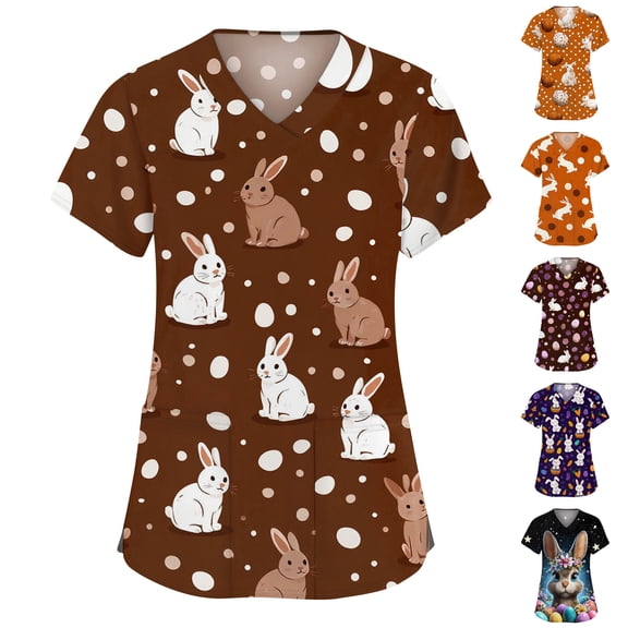LTTVQM Easter Scrub Tops Women 2026 Bunny Eggs Print Funny Short Sleeve Scrub Tops Loose Fit V-Neck Fashion Shirts with Pockets Brown 4XL