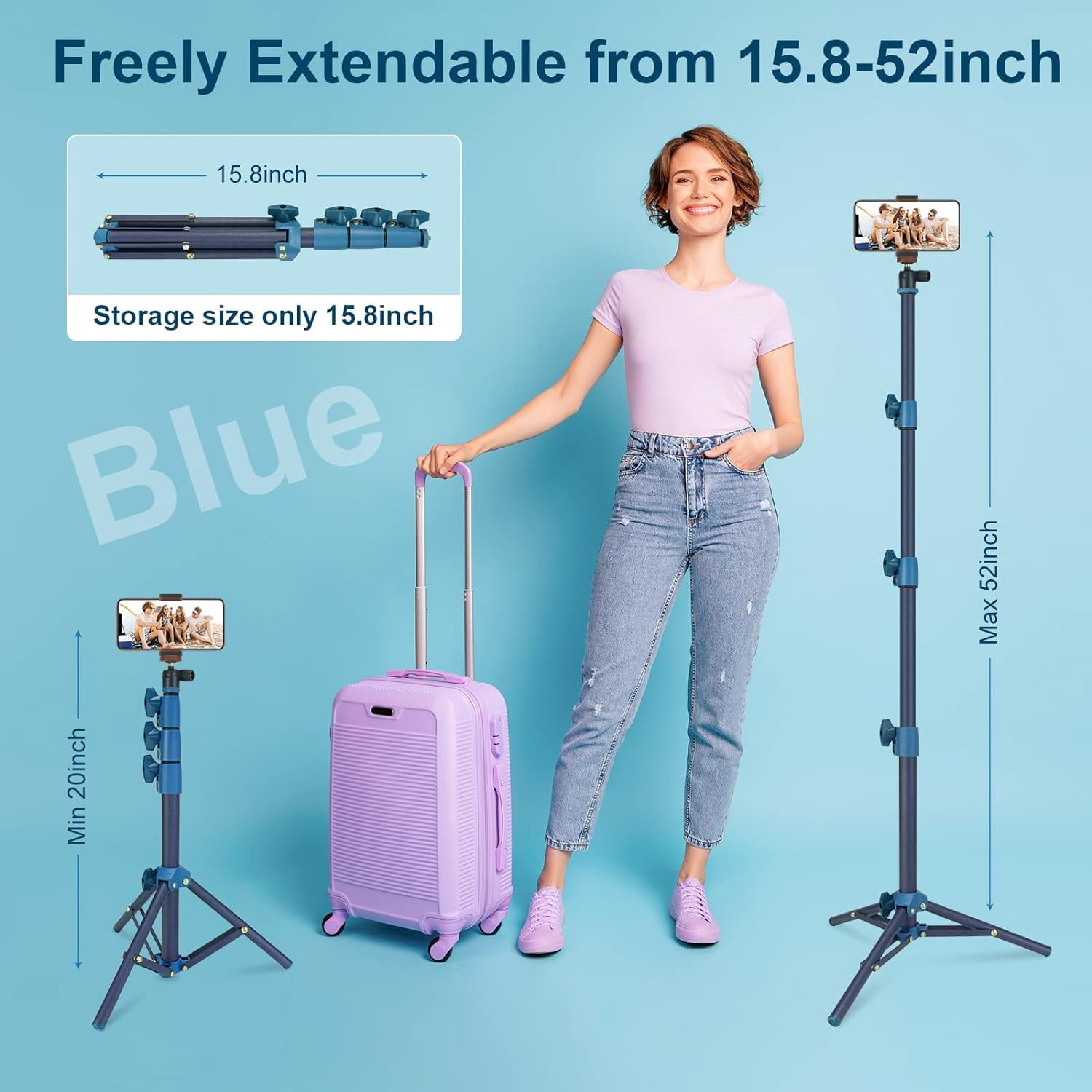 LINCO Adjustable iPhone iPad Selfie Stick Tripod 52” Bluetooth Remote Mic Stand Tablet Holder -Blue