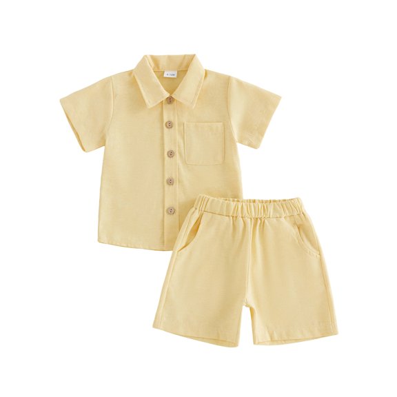 Cenuakty Toddler Baby Boy Gentleman Outfits Solid Short Sleeve Button-up Shirts and Shorts 2 Piece Summer Set