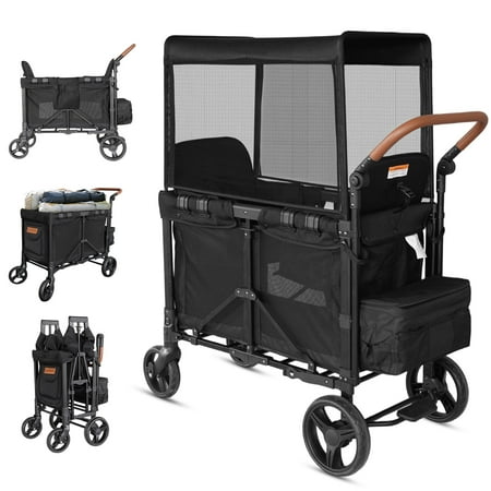 TouHeart Wagon Stroller for 2 Kids, 3 in 1 Stroller Wagon with Canopy, 5-Point Harness, Removable Seat, Black