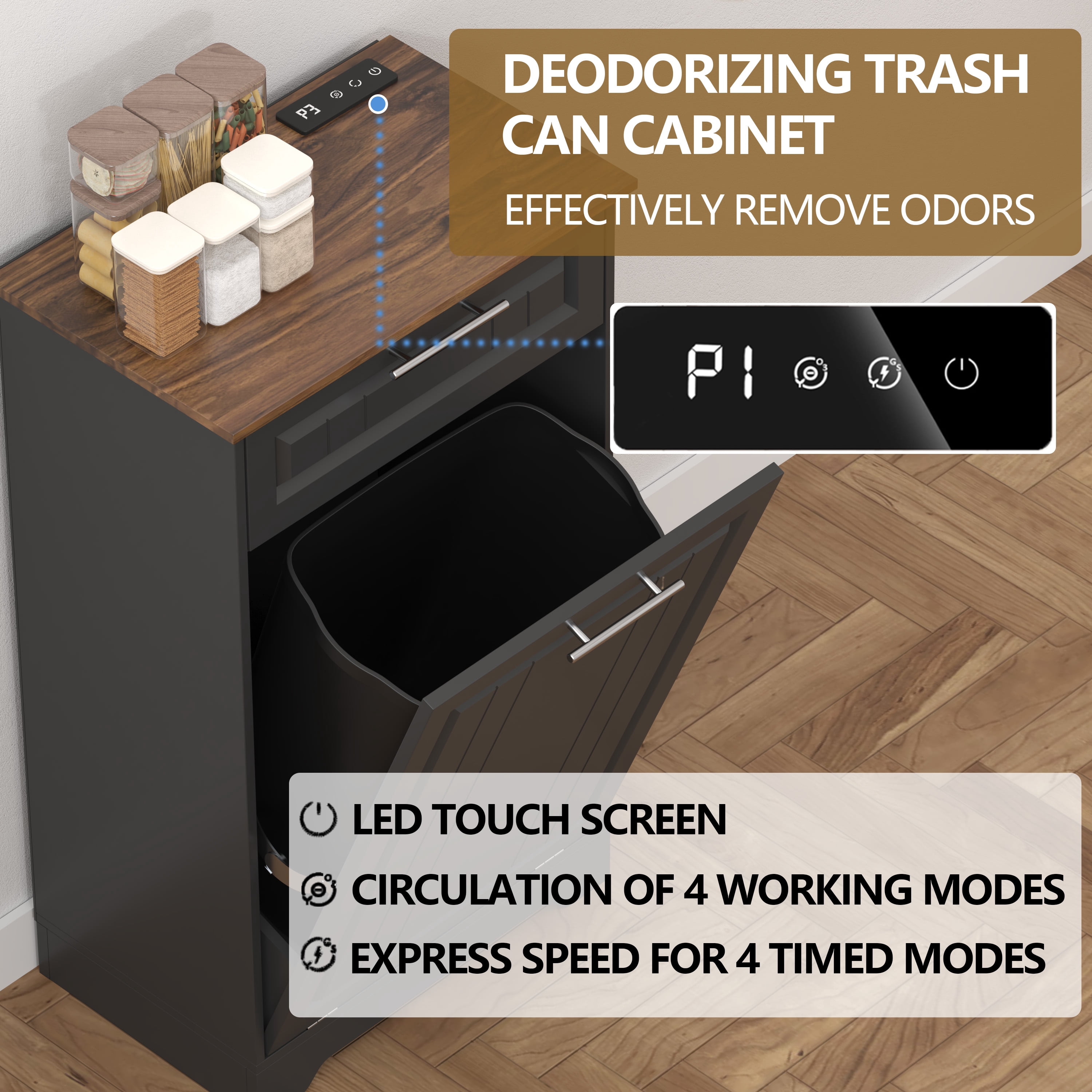Single 10 Gallon Tilt Out Trash Can Cabinet with Deodorizing Function, Wooden Hidden Garbage Can Holder with Storage Drawers for Kitchen and Dining Room, Laundry Hamper Cabinet for Bathroom, Black