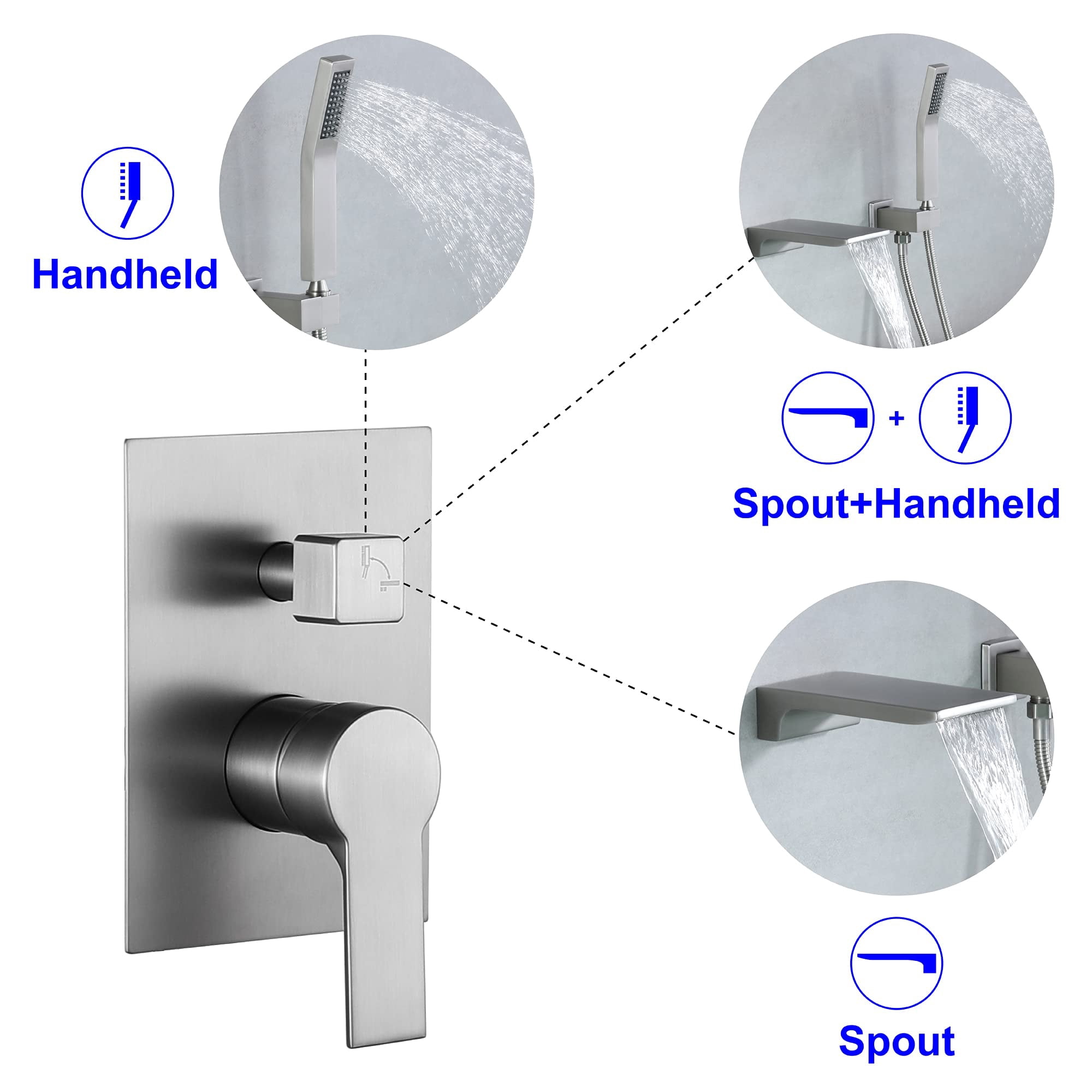 Waterfall Wall Mounted Bathtub Faucet With Hand Shower Brushed Nickel