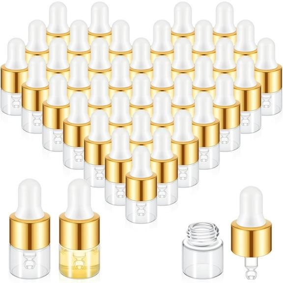 100 Pcs Mini Glass Oil Dropper Bottle Bulk, 1 ml Gold Clear Essential Small Empty Bottles Sample Containers Perfume Liquid Vials with Cap for Traveling
