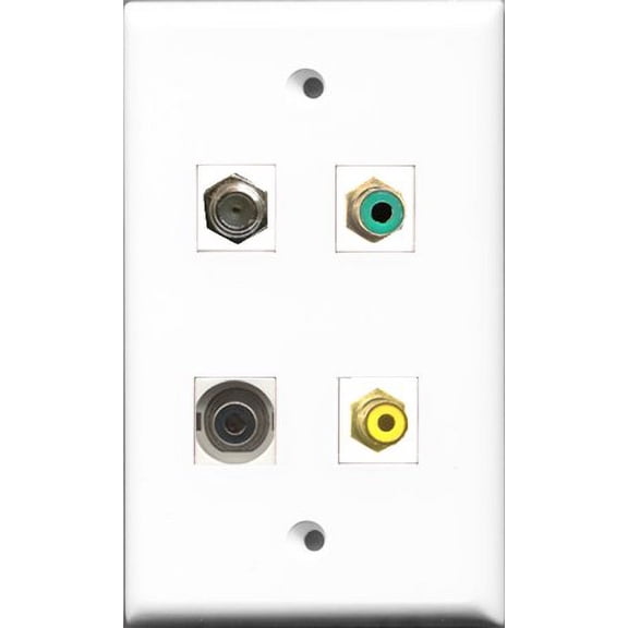 RiteAV 1 Port RCA Yellow and 1 Port RCA Green and 1 Port Coax Cable TV- F-Type and 1 Port 3.5mm Wall Plate