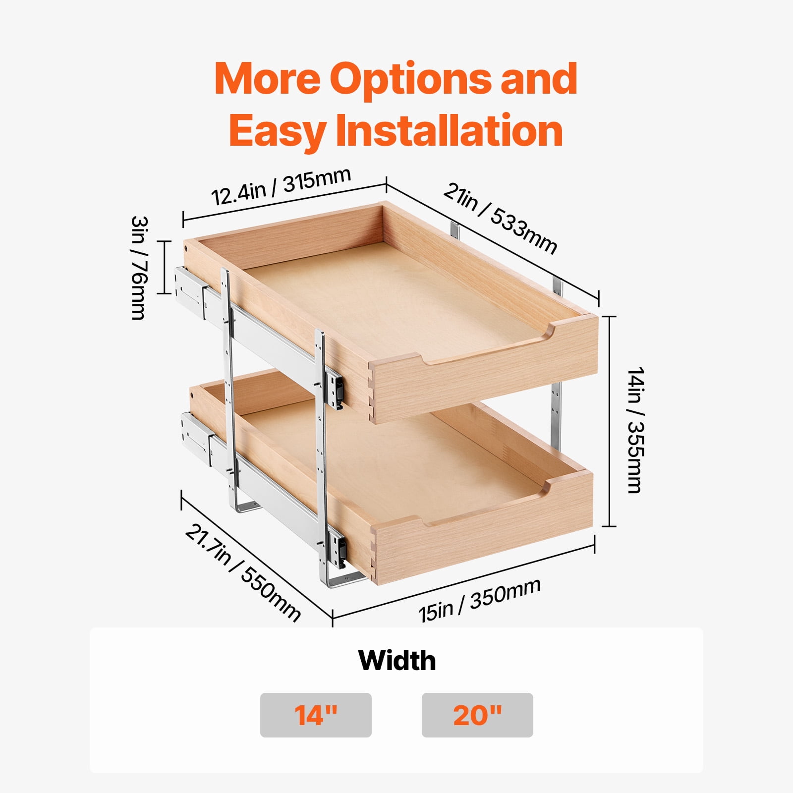 KFFKFF 2-Tier Pull-Out Cabinet Organizer, 14"W x 21"D Sliding Drawer, Soft-Close Shelf, Durable Wooden Design, Adjustable Base for Kitchen, Pantry, or Bathroom Storage