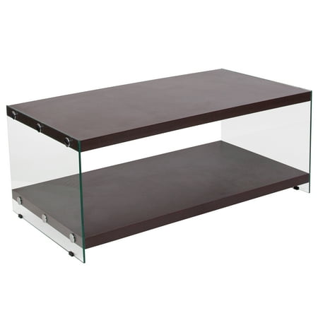 Flash Furniture Wynwood Collection Dark Ash Wood Grain Finish Coffee Table with Glass Frame and Shelves