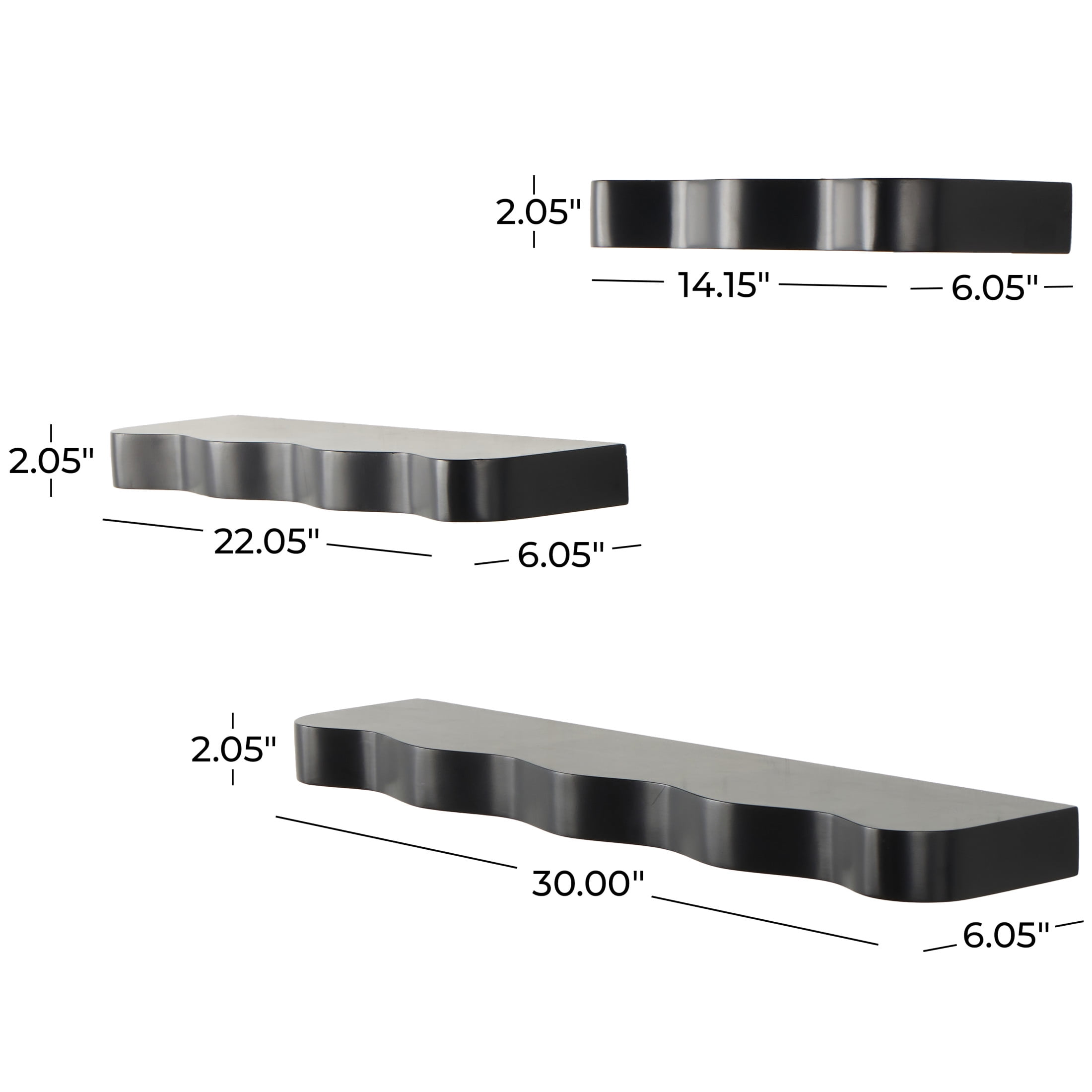 DecMode 30", 22", 14"W Handmade 3-Tier Black Wall Shelf with Various Sizes (3 Count)