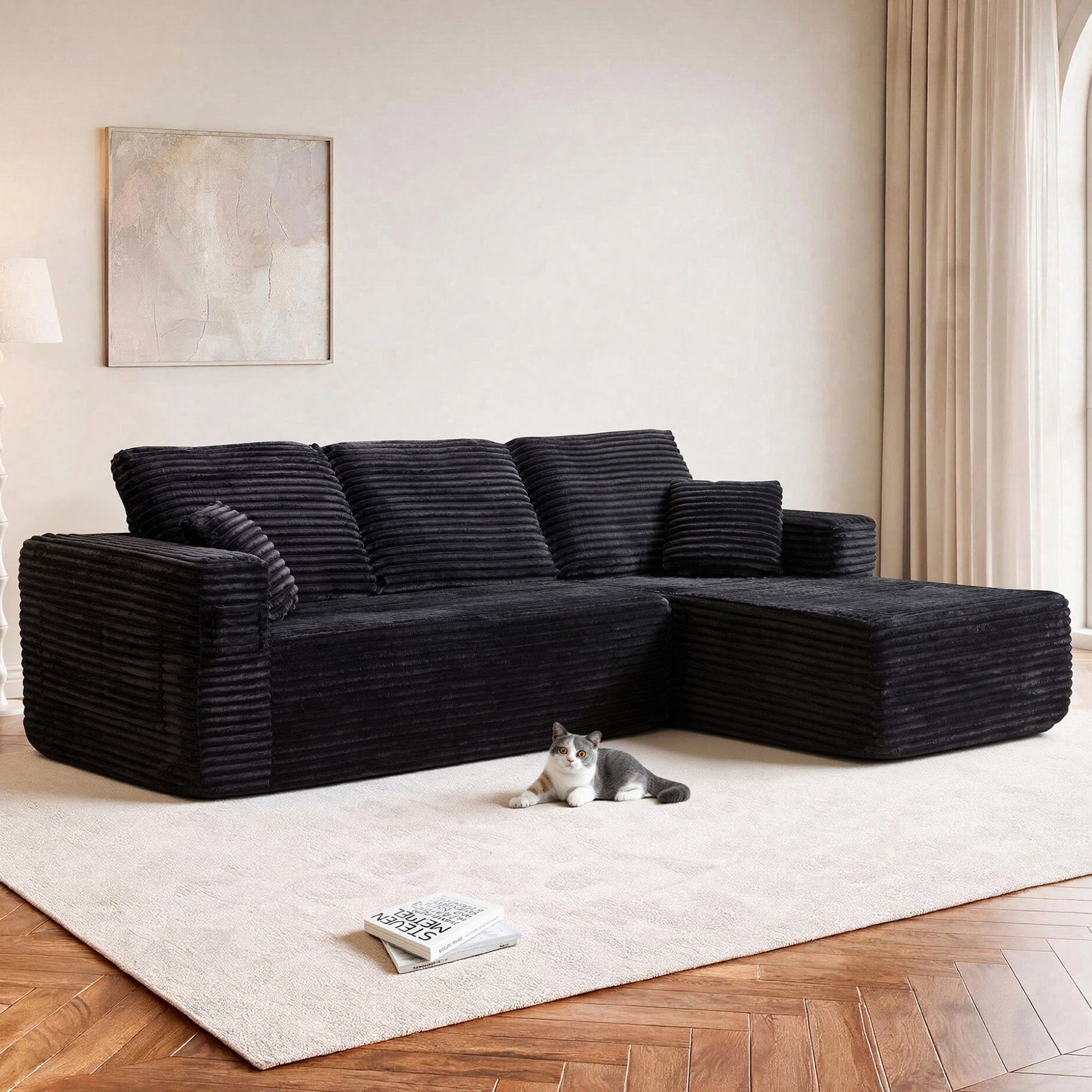 HOQBN 100.39" Cloud Sectional Couch with R-Shape Chaise,Modern Modular Sofa with Deep Seat,No Assembly Required,Compressed Packaging for Living Room Black