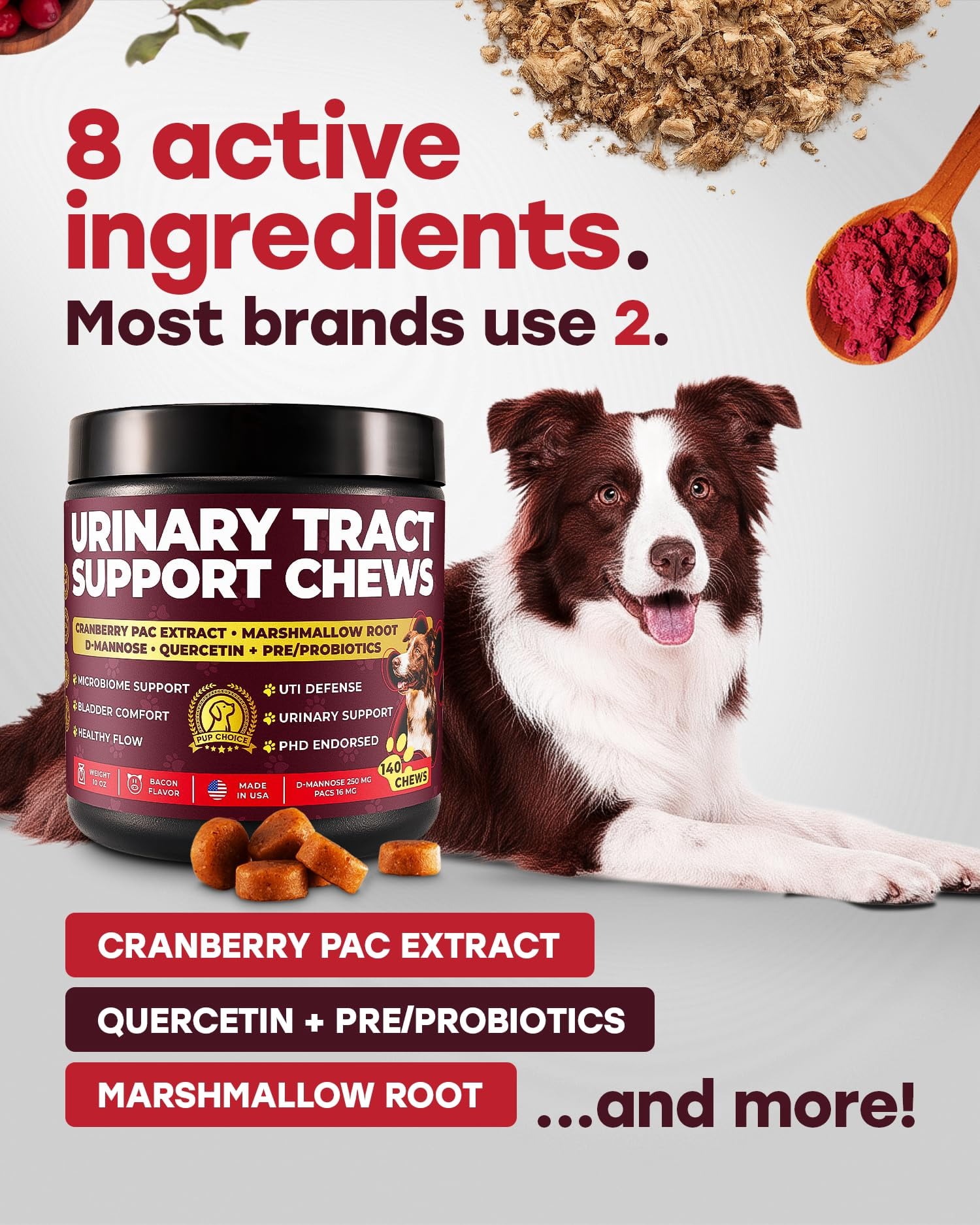 Pup Choice Dog UTI Chews, Cranberry Supplement for Dogs, Urinary Tract Support with D-Mannose & Probiotics, 140 Chews