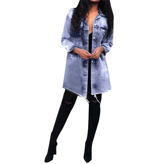 Vedolay Coat for Women Women's Autumn Coats Solid Color Long Sleeve Denim Jacket Outerwear,Blue XXL