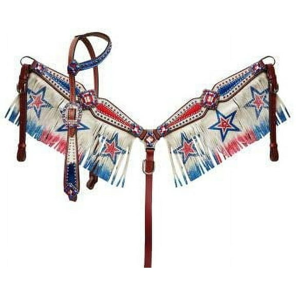 Showman Red/White/Blue Patriotic Headstall & Breast Collar Set w/ Fringe