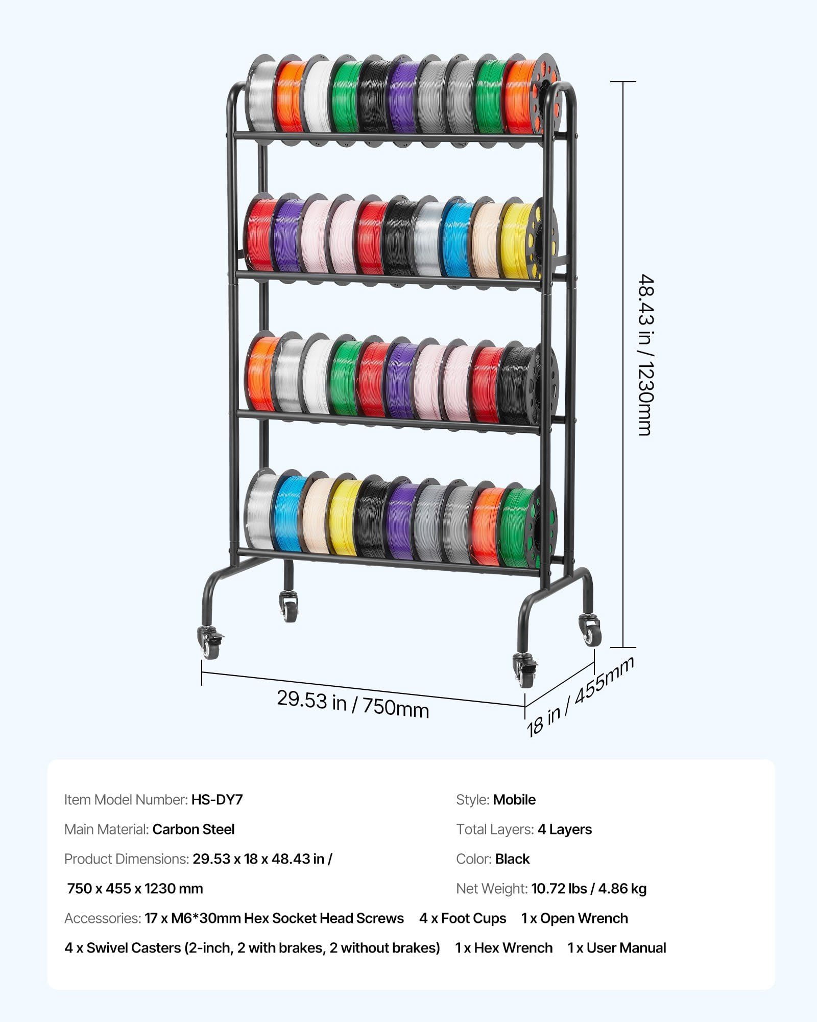 Large Capacity 3D Printer Filament Spool Holder, Stackable 4-Tier Rack for PLA, ABS, PETG Filament Storage