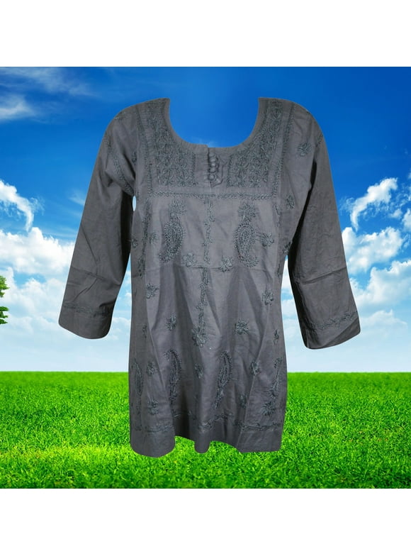 Womens Black Cotton Tunic, Hand Embroidery Cotton Top, Summer Casual Handmade Blouse, Tunic Top Dress