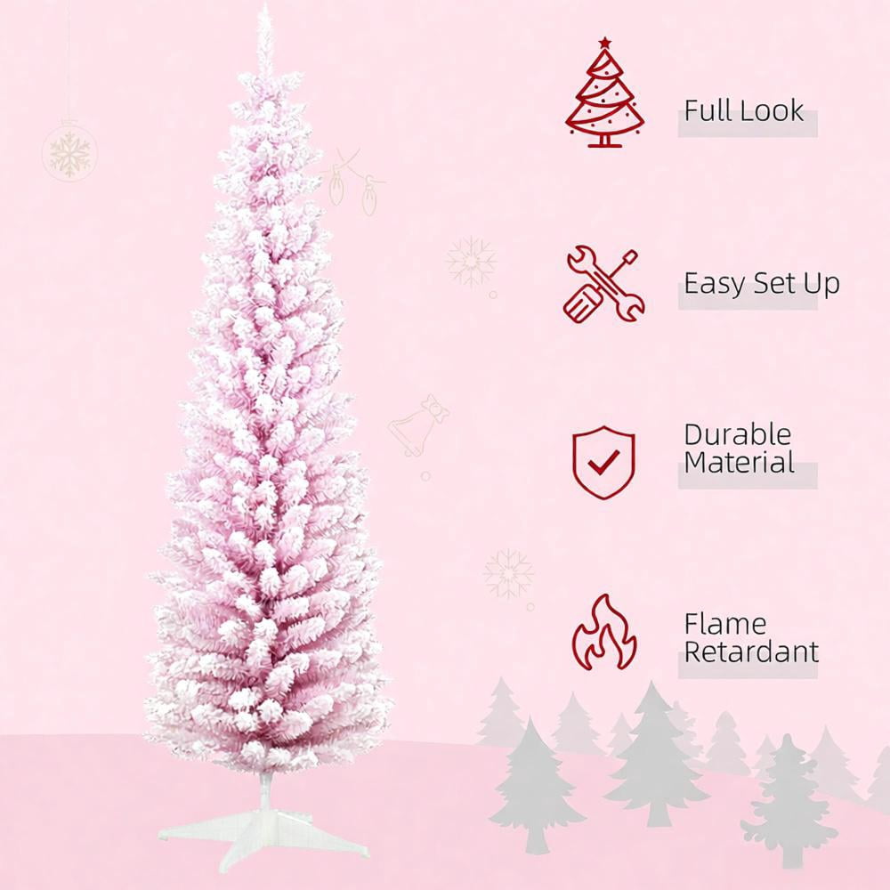 Snow Flocked Artificial Christmas Tree, Decorated Christmas Tree with Pencil Shape, Realistic Branches