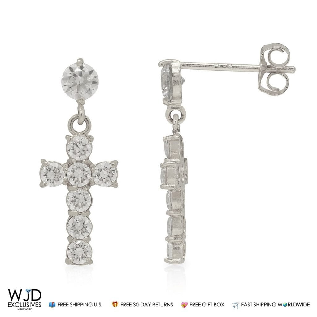 1.00 TCW D/VVS1 Diamond Cross Dangle Earrings 14k White Gold Over