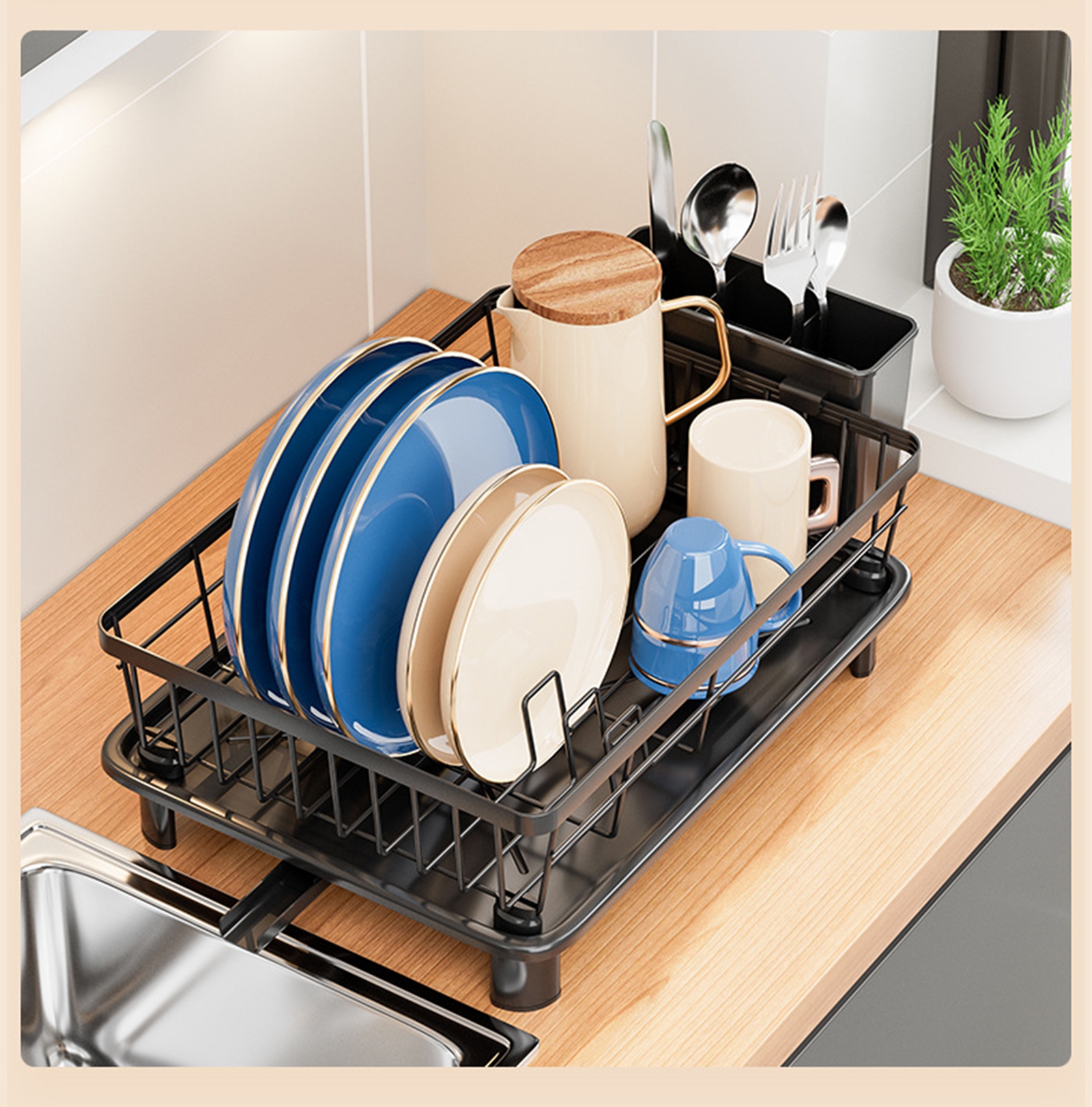 Bxaolu Small Dish Drying Rack, Compact Dish Rack for Kitchen Counter, Stainless Steel Dish Drainer, Space Saving Plate Rack, Dish Strainer with Cutlery Holder(White, 11" Wx 14.9L" x 5"H)