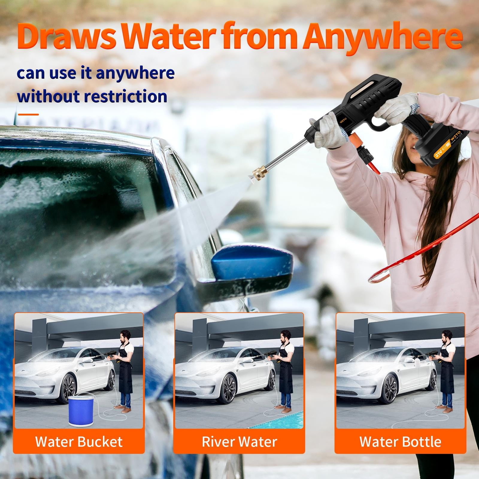 Portable Cordless Car High Pressure Washer Jet Water Wash Cleaner Gun +2 Battery