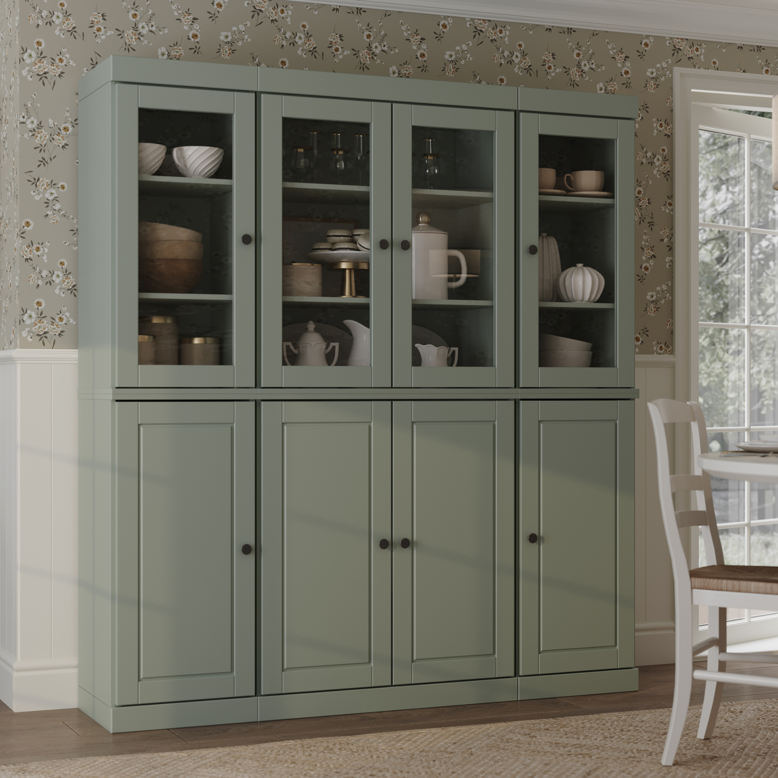 Palace Imports 100% Solid Wood Kitchen Pantry Storage Cabinet with Glass Doors, Adjustable Shelves and 2-Drawers, Sage