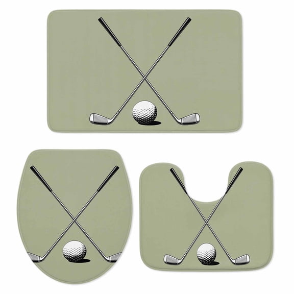 Golf Ball Club Bathroom Rugs Set Game Sports Sage Green Non Slip Absorbent Soft Bath Mats 3 Piece Set with Bathroom Rug, U-Shaped Floor Mat, Toilet Seat Cover Large Size