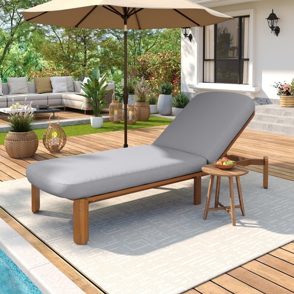 Chaise Lounge, Acacia Wood Reclining Patio Chair with 3-Position Adjustable Backrest and 4-Inch Thick Grey Water-Resistant Cushions, 76.3"W x 28.8"D x 38.5"H for Poolside and Balcony