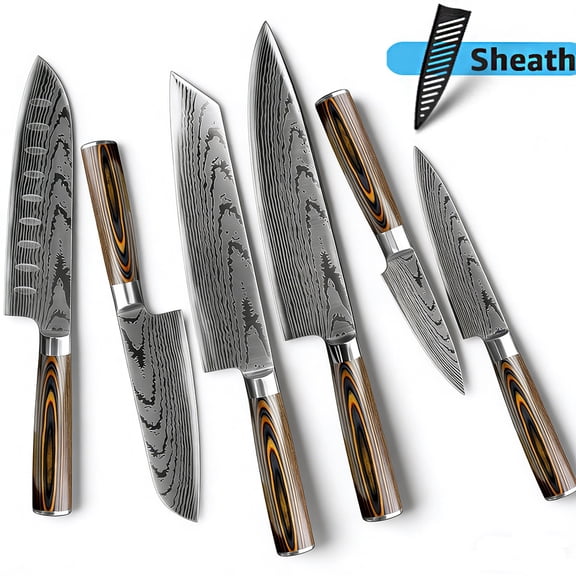 Kitchen Knives Set 6Pcs High Carbon Stainless Steel Damascus Laser Chef Knife with Covers Sharp Cooking Knife Boning Knife Santoku Knife