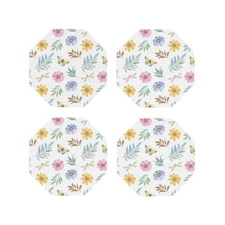 

Leather Coasters Set of 4 - Daisy Butterfly Leaf Lightweight Non-Slip Drink Coasters for Desk Anti-Scalding Desk Cup Coasters for Office Table Decor Octagon