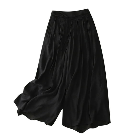 VSSSJ Women Vintage Double Lined Cropped Pants Relaxed Solid Color Drawstring Elastic Waist Wide Leg Pants Fashion Wrinkle Lightweight Pants Black M