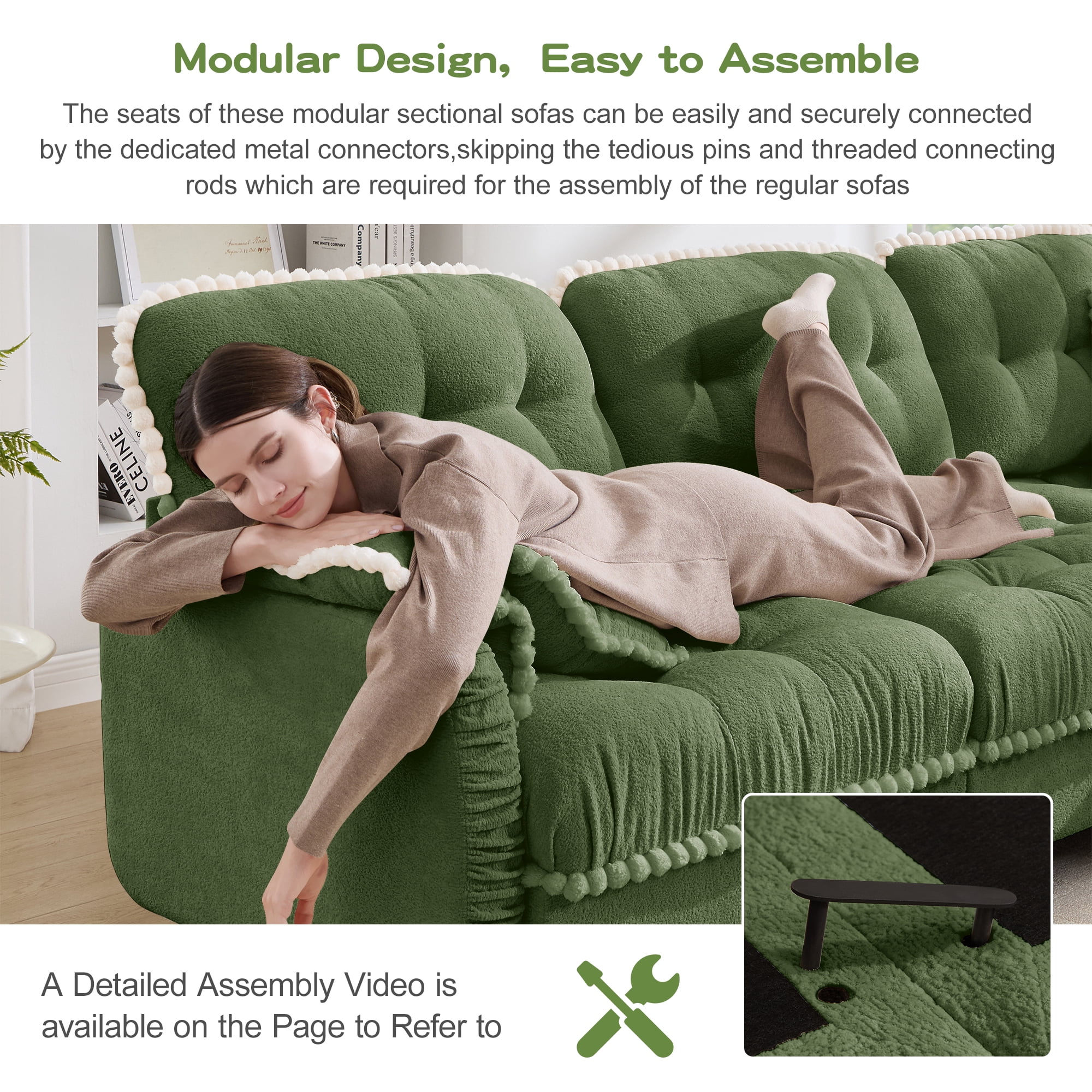 Anpport 70" Chenille Cloud Loveseat with 4 Pillows, Pom‑Pom Trim, Quilted Tufted Ergonomic, Easy Assembly Deep Seat for Living Room Apartment, Green