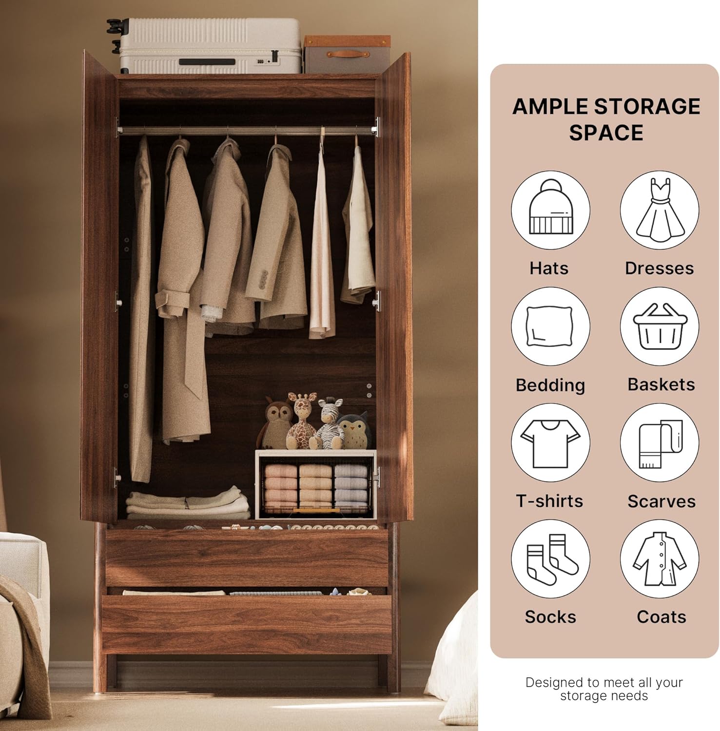 FURNIWAY Wardrobe with 2 Doors and 2 Drawers, 70.9”H Modern Walnut