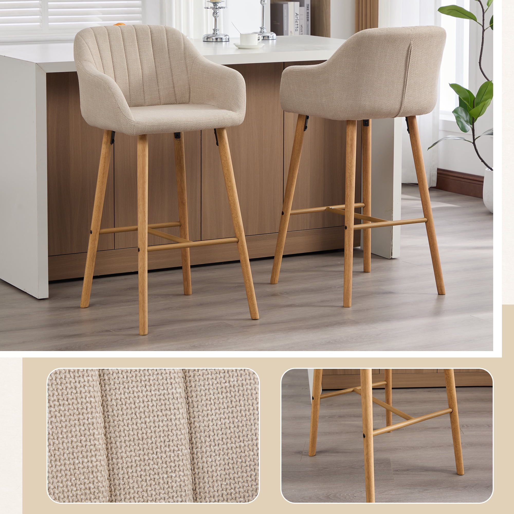 Bar Stools Set of 2, Counter Height Stools, Kitchen Stools&nbsp;25” Seat Height Barrel Tub Design With Full Backrest, Relaxing Footrest, Black Metal Frame, Easy-Clean Gray Linen Upholstery