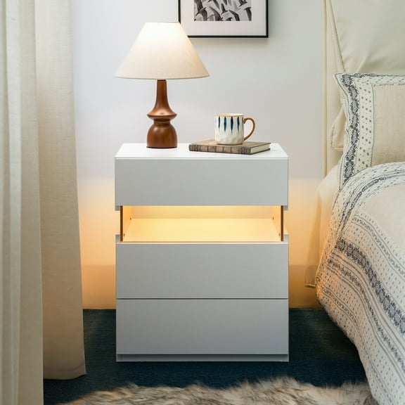 Wooden Nightstands LED Nightstands 3 Drawer Dresser for Bedroom End Table with Acrylic Board LED Bedside Tables for Bedroom Living Room Bedside Furniture (White),Nightstands With Drawers