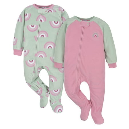 

Gerber Baby Girls Toddler Loose Fit Flame Resistant Fleece Footed Pajamas 2-Pack Rainbow Green 3-6 Months