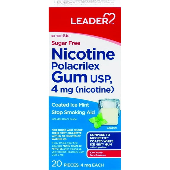 LEADER, Nicotine Polacrilex Gum, Nicotine Gum 4mg, For Those Who Smoke within 30 mins of waking up, Mint Flavor, Sugar Free, For Adults 18 , both Men & Women, Compare to Nicorette, 20 count