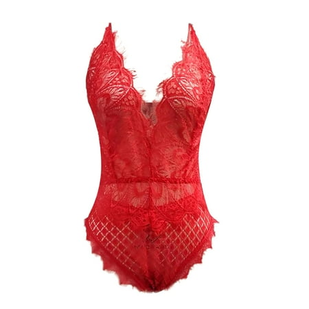 

dmqupv Big Bust Lingerie for Women Women Lace Up Teddy Lingerie Bodysuit Floral Embroidered Mesh Sheer Negligee plus Size Red XX-Large