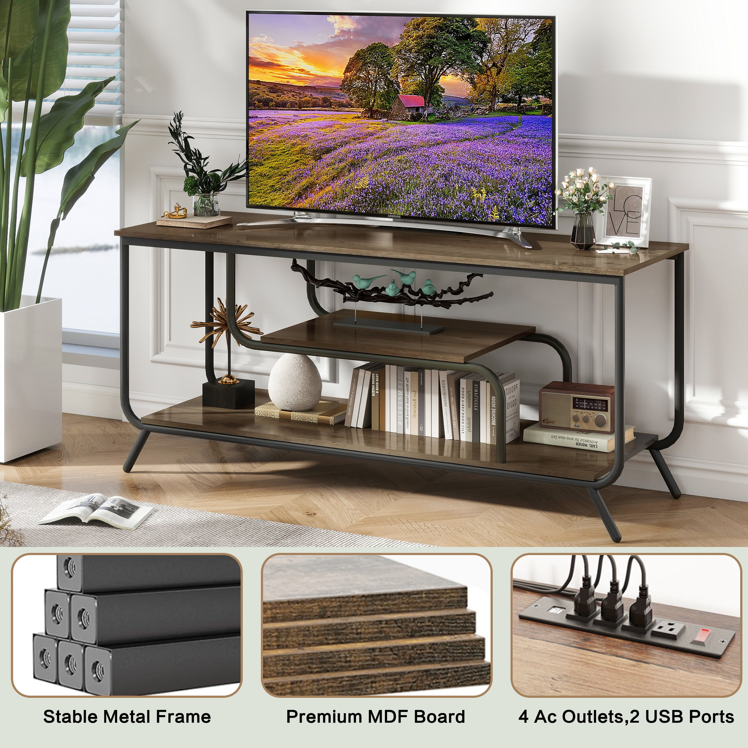 TV Stand, Media Console, Entertainment Center With Power Outlets USB Ports LED Light Strips For Living Room Bedroom TV Up To 55 Inch, Light Gray Modern Stand