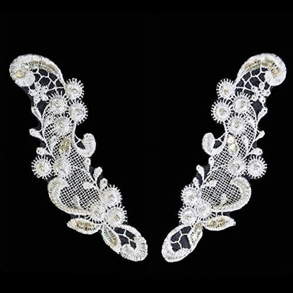 Altotux 6.5x2" White Bridal Handsewn Beaded Embroidery Motif Applique by 2 Pairs