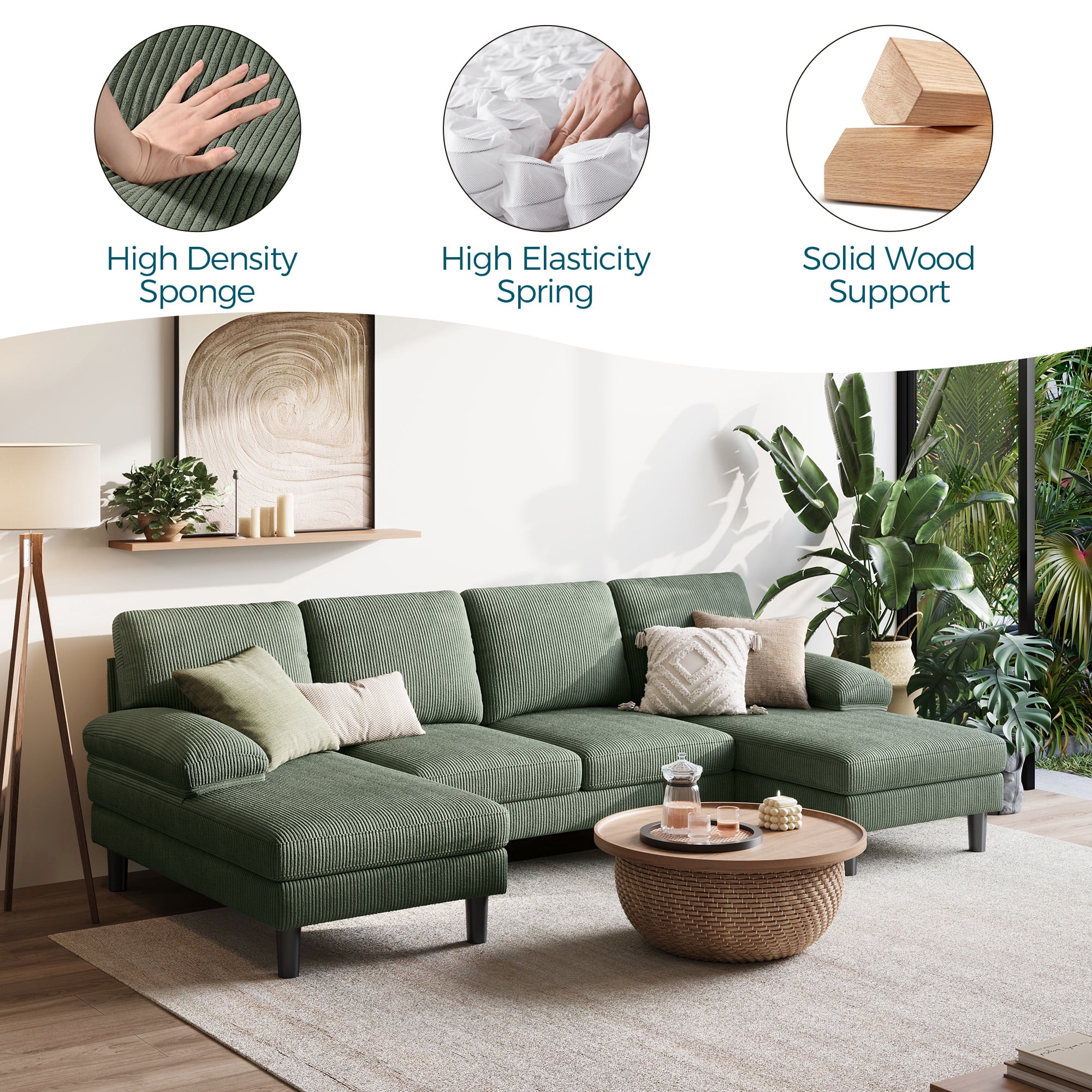 Linsy Home Sectional Sofa for Living Room, U-Shaped Sofa Couch with Corduroy Fabric, 4 Seat Sofa Set with Double Chaise for Apartment, Army Green