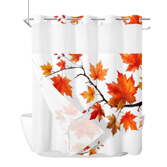 No Hook Shower Curtain, Thanksgiving Fall Long Bathtub Curtains with Snap in Liner, Autumn Orange Maple Leaves Branches Waterproof Washable Fabric Bathroom Curtain Set, 72" x 78"