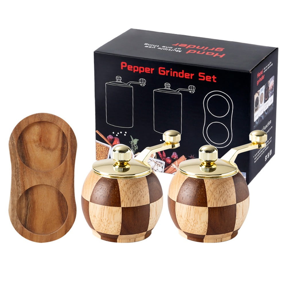 Chessboard Hand Cranked Pepper Grinder Kitchen Solid Wood Seasoning Jar Two Sets+Base