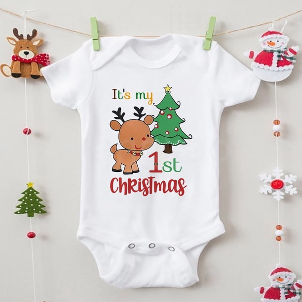 Es mi primer mono navideño con estampado de ciervos para bebé, mono de ciervo para recién nacido, mono de manga corta para niños y niñas, ropa de fiesta para bebés
