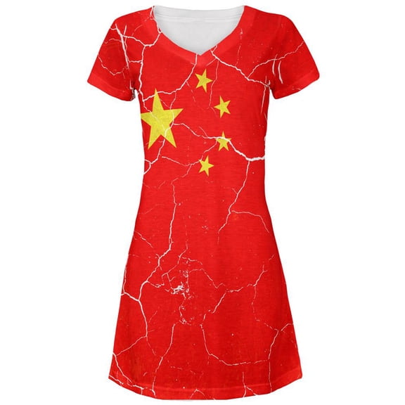 Distressed Chinese Flag Juniors V-Neck Beach Cover-Up Dress